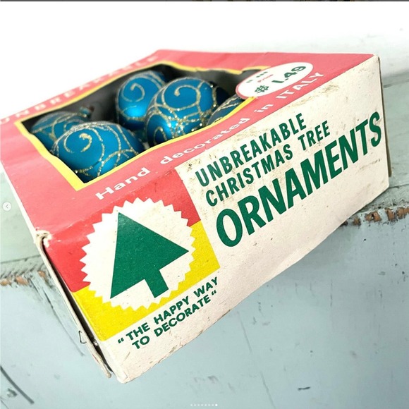 Vintage Christmas Tree Ornaments Plastic Hand Decorated Italy Box Blue SET5 - Picture 8 of 8